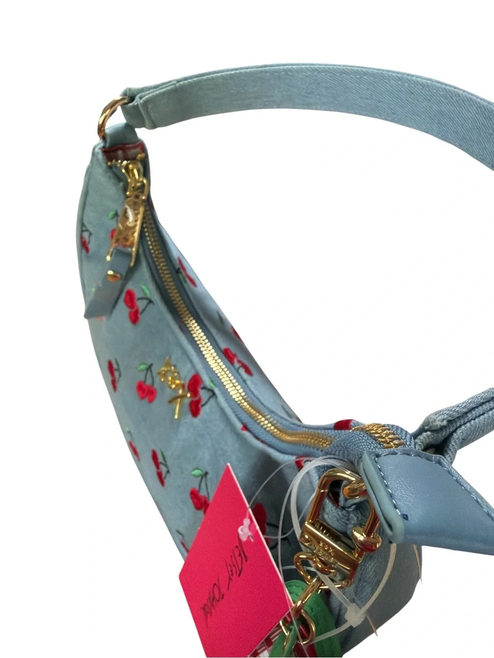 Betsey Johnson Light Denim Blue XONORTHY Cherry Shoulder Bag with Gold Hardware